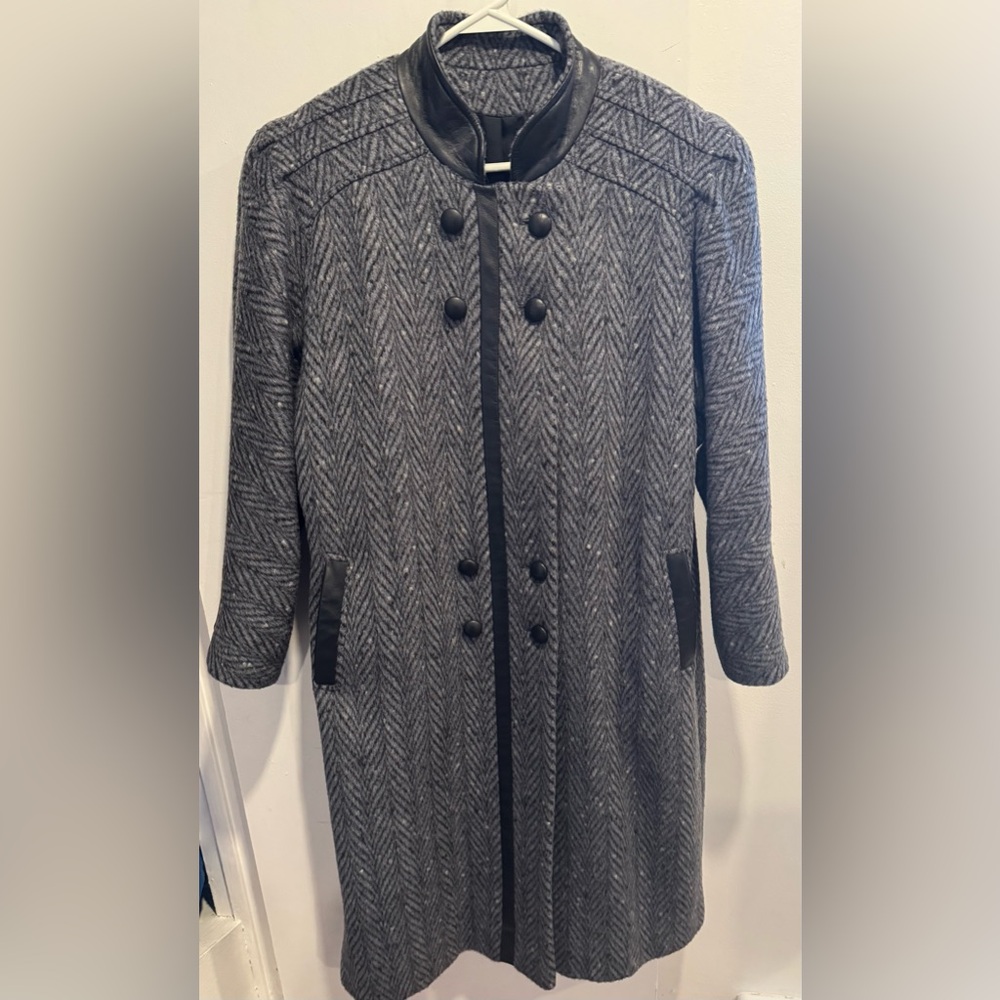 Vintage Union Made Sanders & Gold Wool Long Trench gray herringbone art deco L
